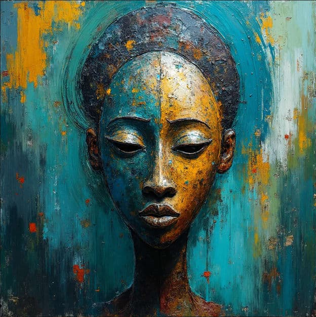 Carved Metallic Blue Gold Mask Teal Texture