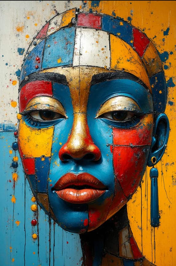 Mosaic Mondrian Colorblock Face Gold Earring