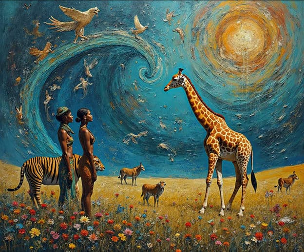 Women Tiger Giraffe Swirling Cosmic Wave Flowers