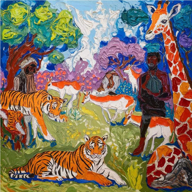Impasto Man Tigers Antelope Giraffe Jungle