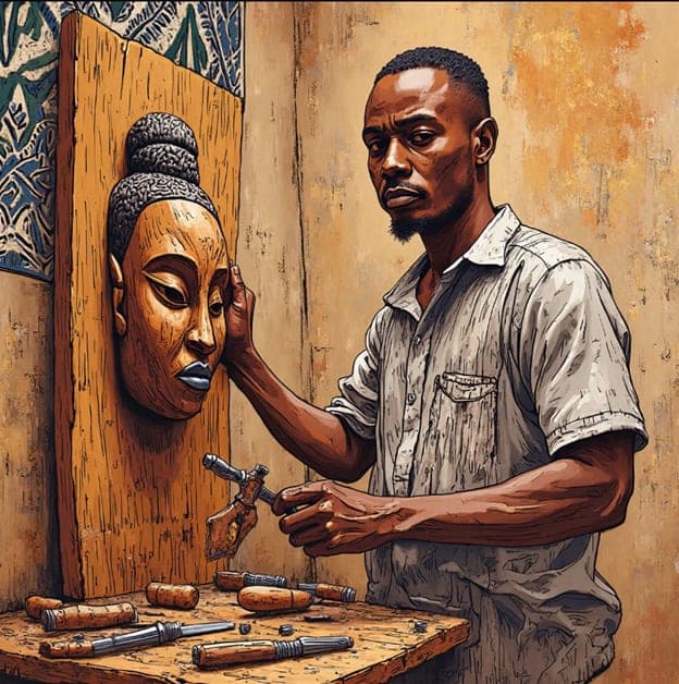 Man Carving Female Mask Patterned Wall