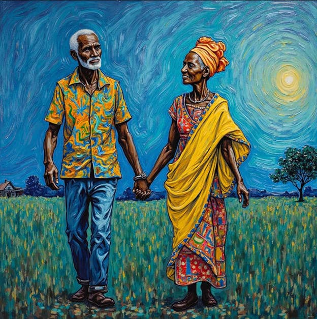 Elderly Couple Green Field Radiant Moon House