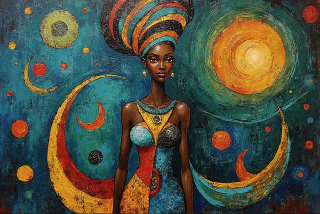 Woman Headwrap Sun Moons Orbiting Circles