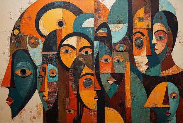 Cubist Multi Face Group Portrait Warm Palette
