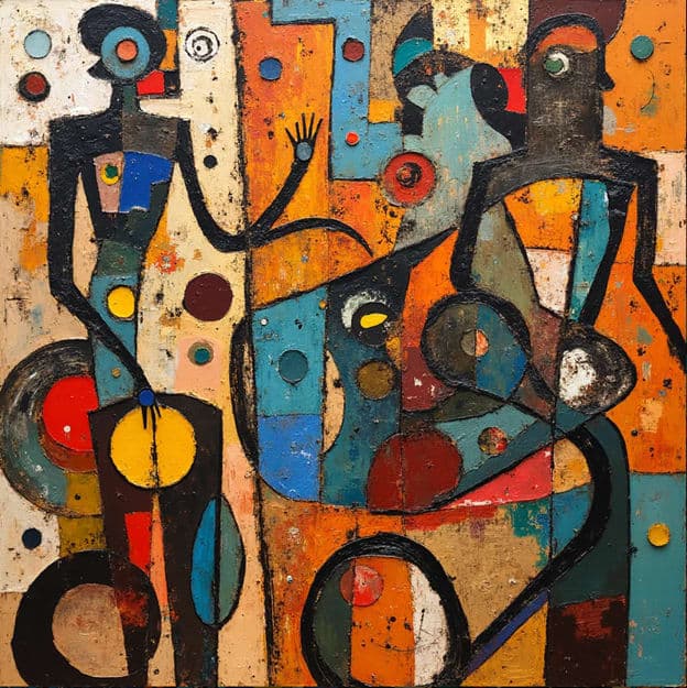 Cubist Two Figures Waving Hand Polka Dot Circles
