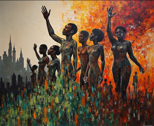Women Raised Hands City Skyline Fiery Sunset Painterly