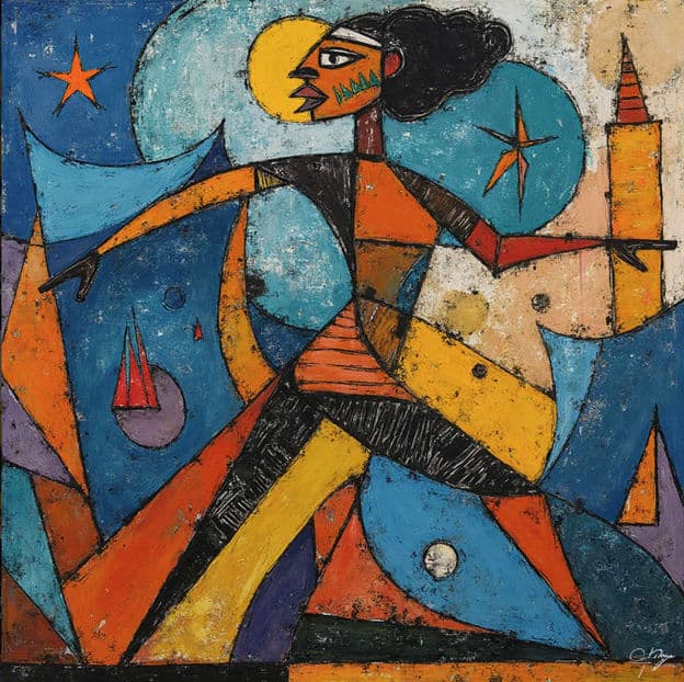 Cubist Dancing Figure Stars Tower Yellow Blue Dynamic