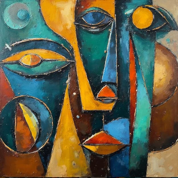 Cubist Teal Brown Gold Face Triangle Nose Eyes
