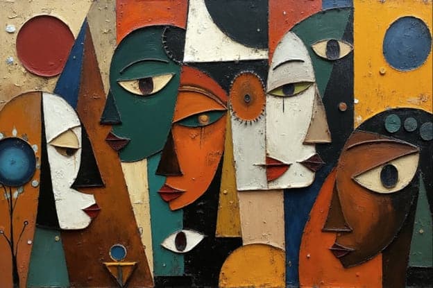 Cubist Mosaic Group Faces Warm Earth Tones Flower