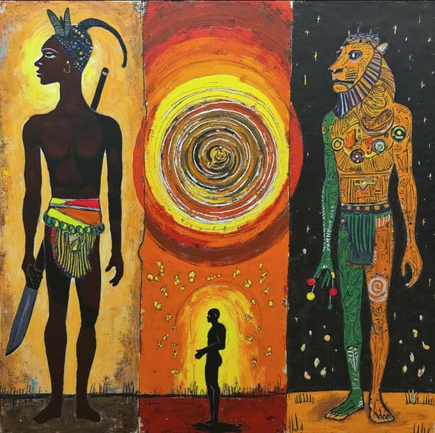 Triptych Warrior Knife Spiral Sun Lion Deity