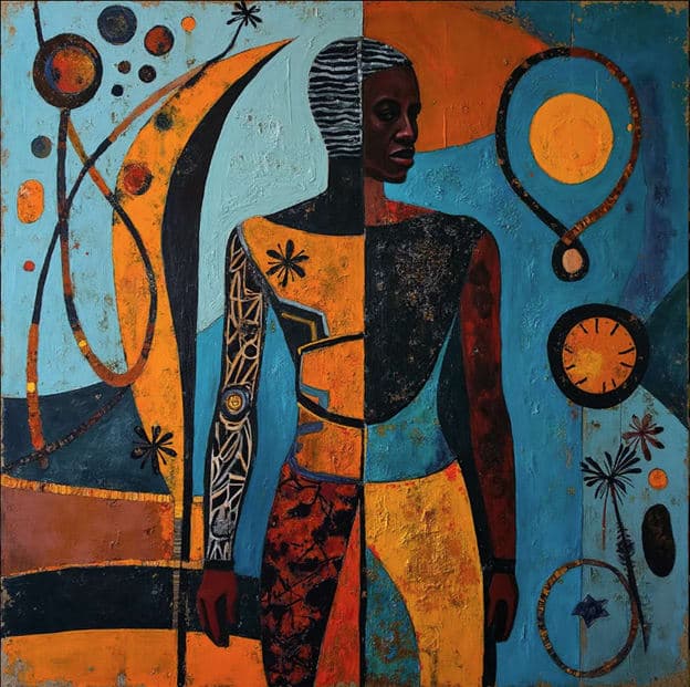Split Figure Patterned Arm Cosmic Circles Blue Orange