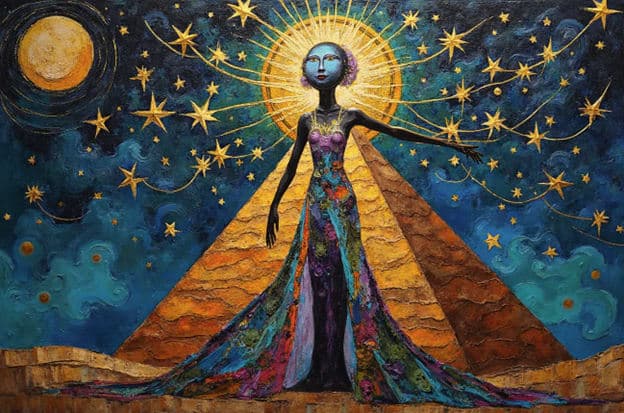 Woman Radiant Star Crown Pyramid Flowing Gown Stars
