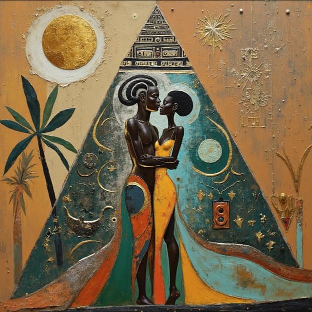 Sculptural Relief Couple Embracing Pyramid Palm Trees