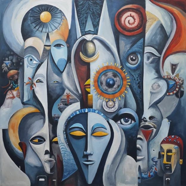 Collage Many Masks Faces Blue White Swirl Spiral