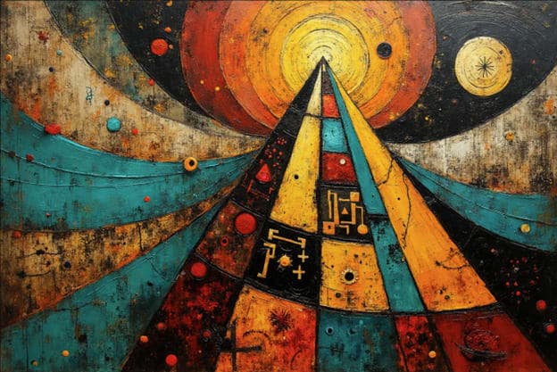 Golden Pyramid Radiant Sun Teal Swirl Hieroglyphs