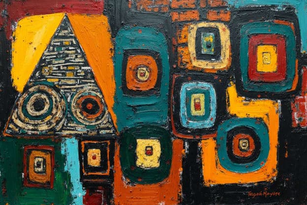 Abstract Pyramid Mosaic Circles Squares Teal Orange