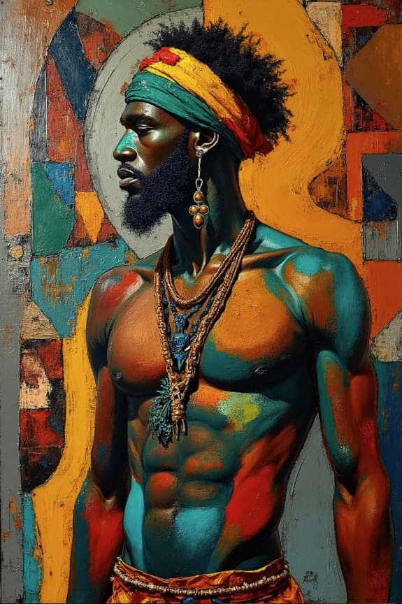 Man Teal Red Bodypaint Headscarf Jewelry Portrait