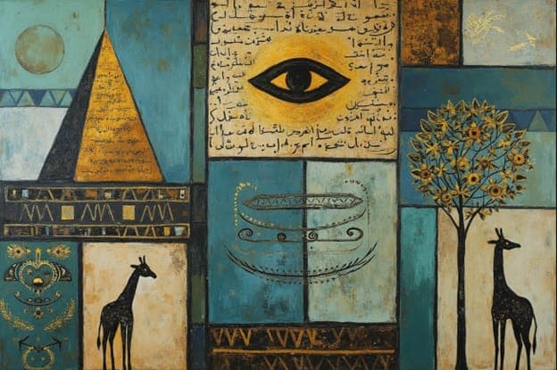Pyramid Eye Script Giraffes Tree Teal Gold