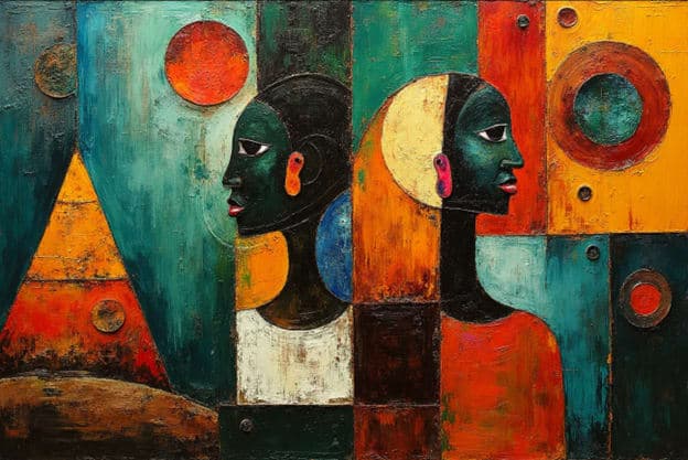 Cubist Two Women Profile Teal Orange Circles