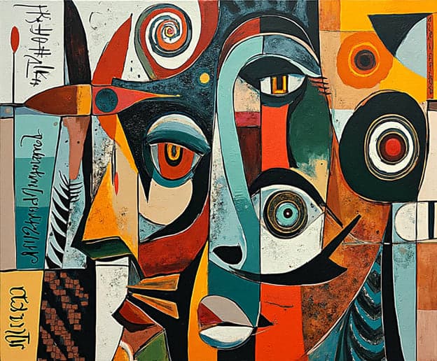 Cubist Face Swirl Bird Red Text Panels