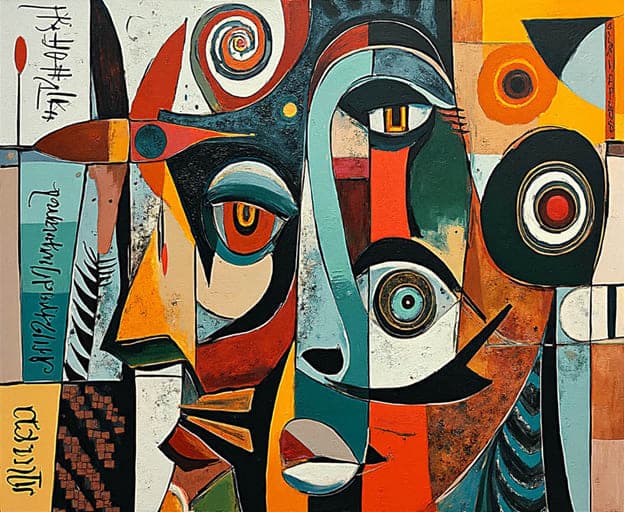 Cubist Face Spiral Bird Geometric Orange Teal