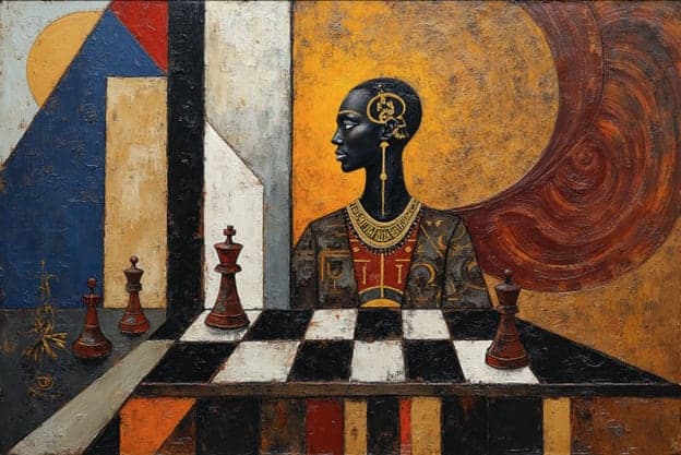 Woman Chess Board Pyramid Gold Jewelry Portrait