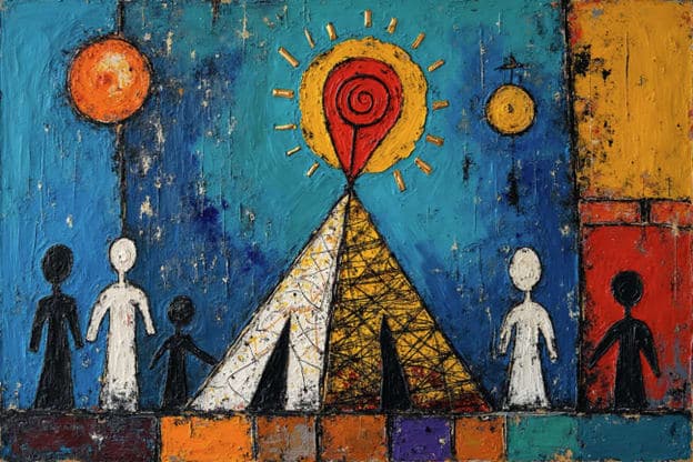 Family Silhouette Pyramid Tent Spiral Sun Folk Art