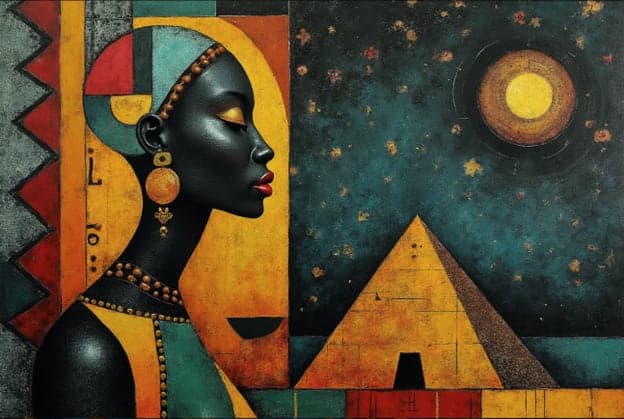 Woman Profile Gold Jewelry Pyramid Night Sky