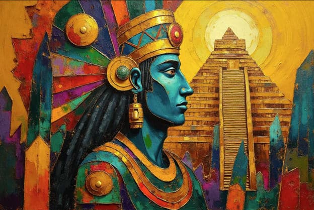 Blue Pharaoh Crowned Relief Pyramid Sun Sculptural
