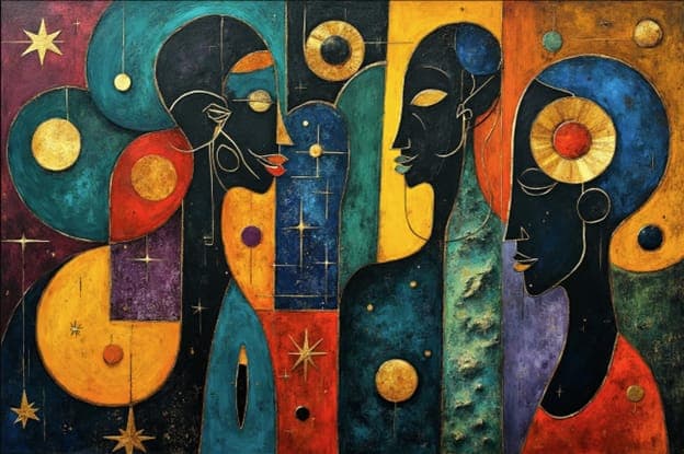 Cubist Group Faces Gold Circles Stars Teal