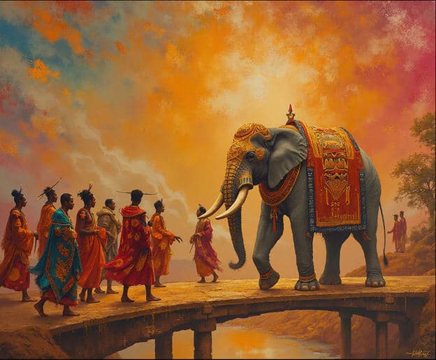 Elephant Procession Bridge Robed Figures Sunset