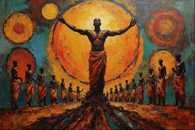 Man Arms Outstretched Radiant Sun Crowd Procession