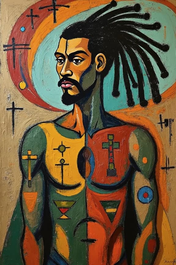 Man Dreadlocks Crosses Geometric Halo Symbolic
