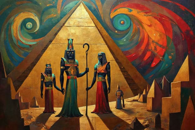 Egyptian Gods Pyramid Swirl Teal Red Statues