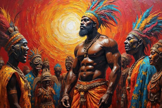 Warrior Feathered Headdress Tribal Group Radiant Sun