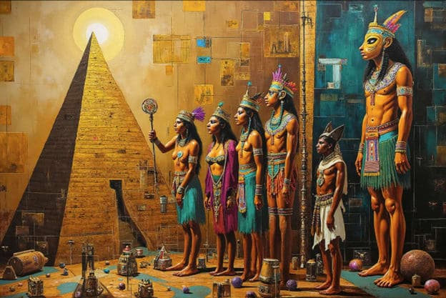 Egyptian Pyramid Figures Feathered Headdress Procession