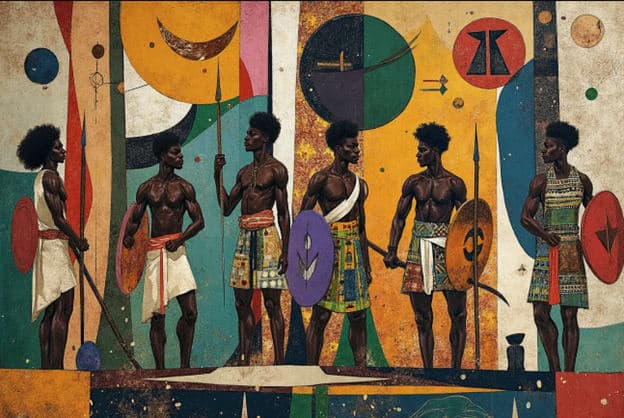 Warriors Spears Shields Colorful Geometric Standing
