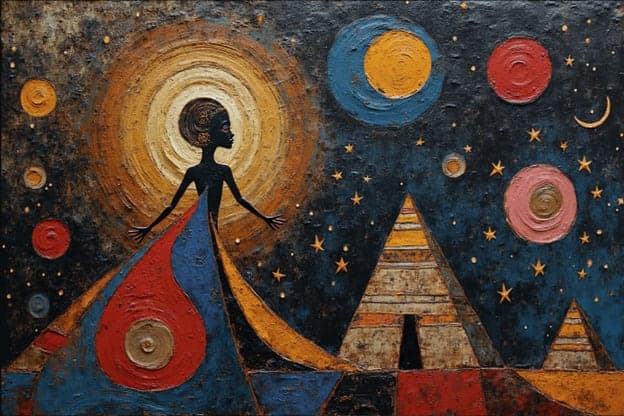 Woman Silhouette Radiant Halo Pyramids Night Stars Folk Art
