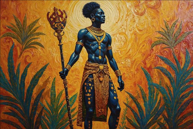 Blue Man Staff Gold Jewelry Palm Leaves Radiant