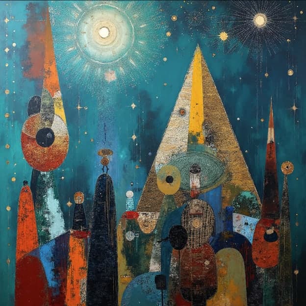 Pyramid Eye Figures Spires Night Stars Mystic