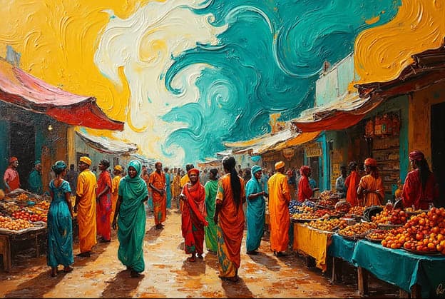 Market Scene Swirl Sky Colorful Robes Vendors