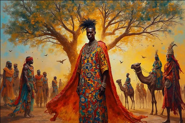 King Colorful Robe Baobab Tree Camels Birds Realistic