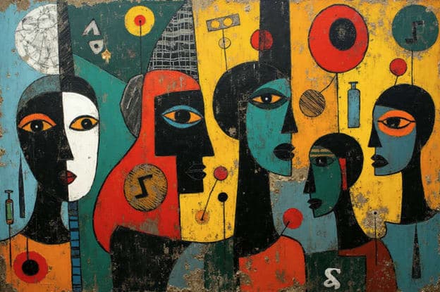 Cubist Crowd Faces Music Notes Colorful Geometric
