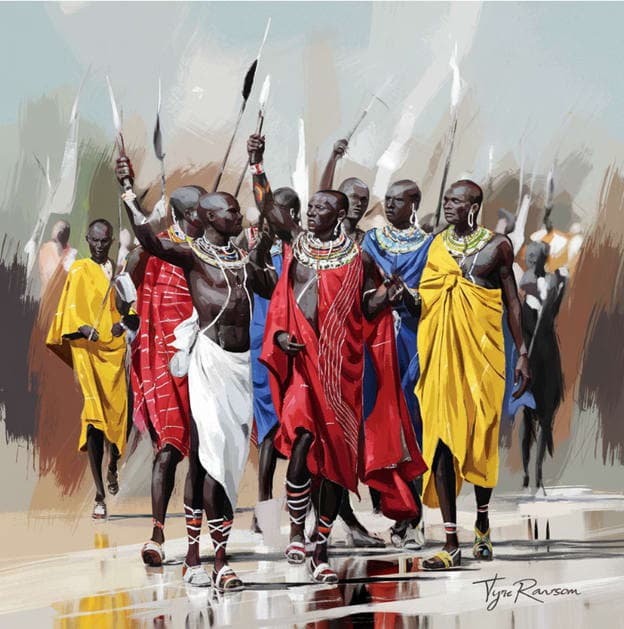 Warriors Spears Raised Colorful Robes Procession Realistic
