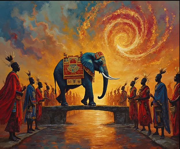 Elephant Procession Warriors Bridge Cosmic Swirl Sunset