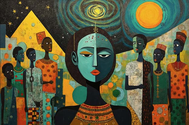 Woman Profile Crowd Pyramid Night Stars Cubist