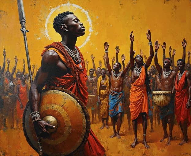 Warrior Shield Spear Crowd Raised Hands Halo Realistic