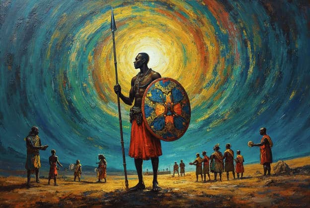 Warrior Shield Spear Crowd Radiant Swirl Realistic