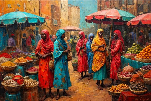 Market Women Colorful Headwraps Umbrellas Fruit Realistic