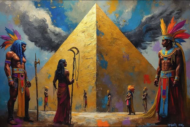 Feathered Headdress Figures Golden Pyramid Ceremony Realistic